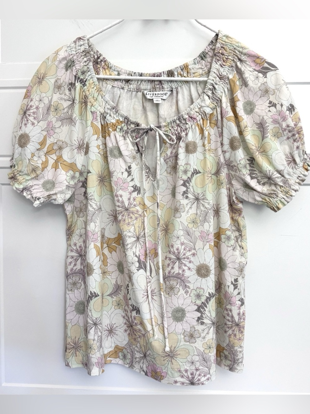 Liverpool Short Puff Sleeve Blouse Floral Print Cream, XS